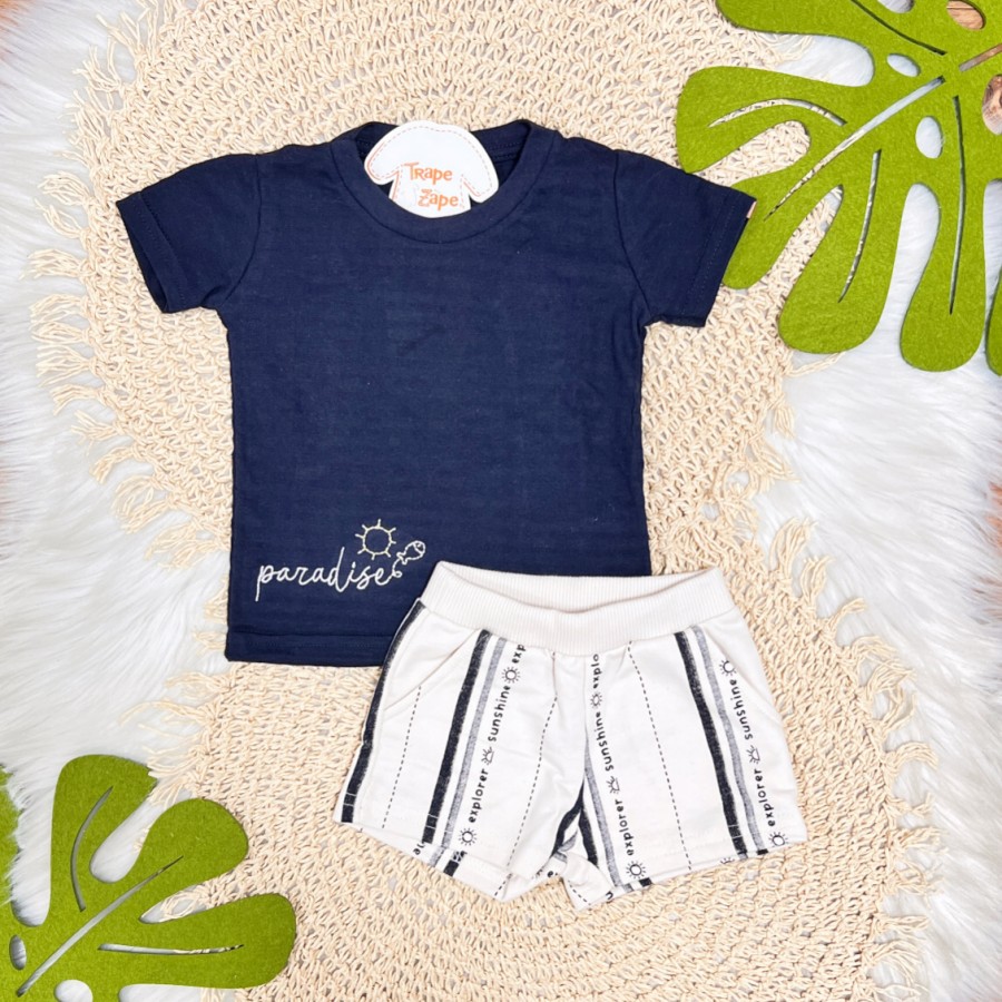 Conj. Camiseta Paradise e Bermuda Sunshine - Marinho e Off White